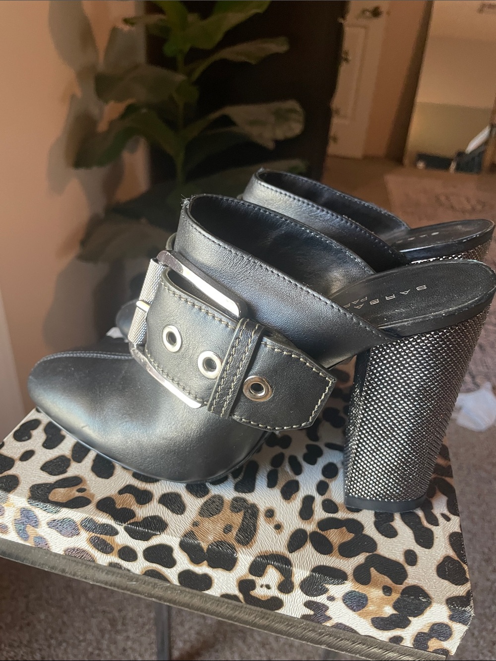 Barbara Bui Black Leather Buckle Mule Heels
